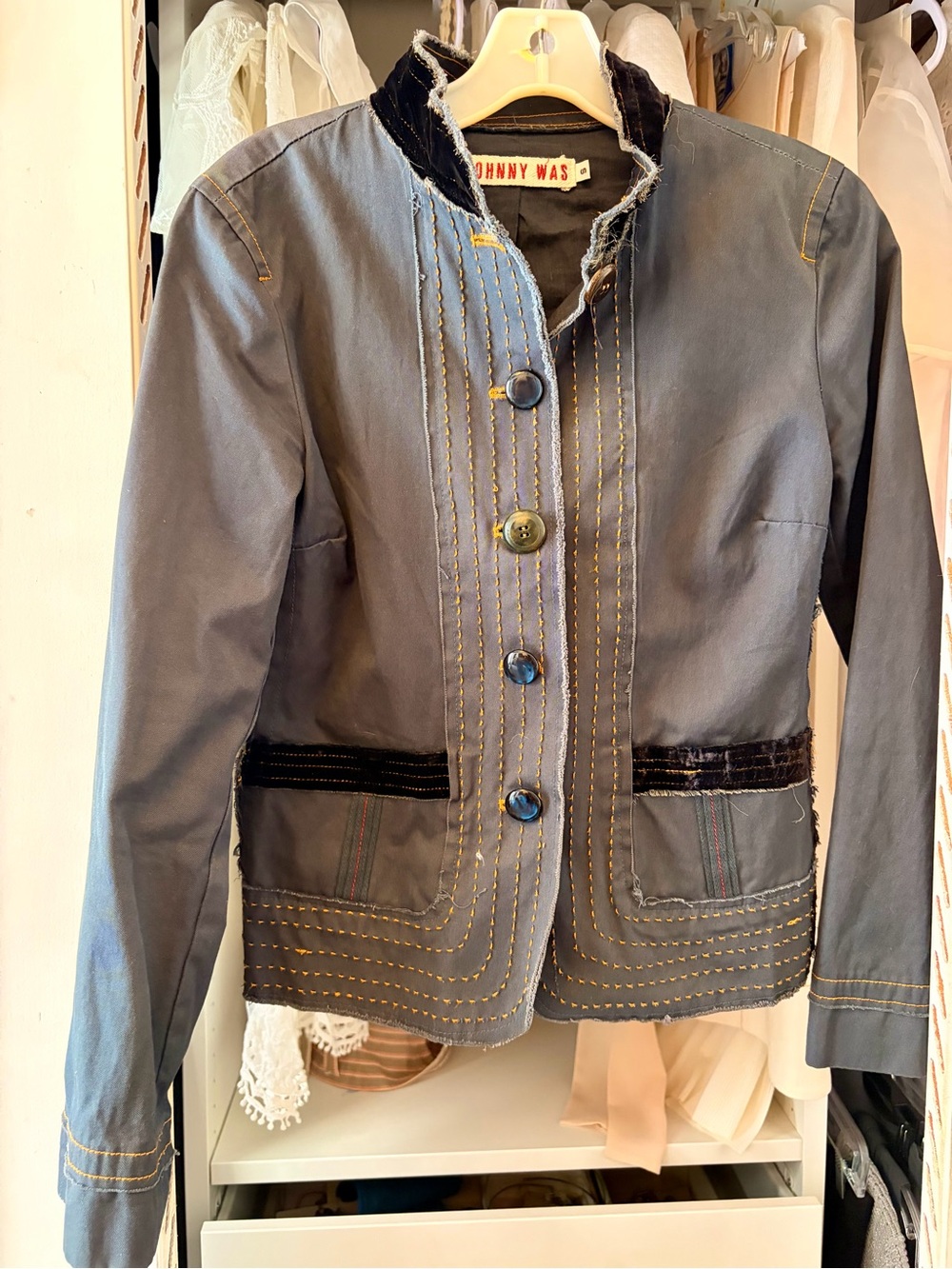 Johnny Was Slate Gray Blue Embroidered Button Blazer